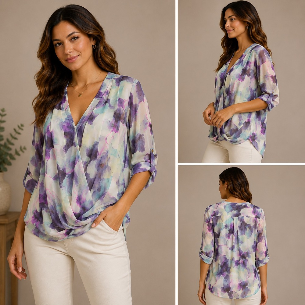 Jennifer Lopez Floral Blouse Womens 1X‎ Purple NEW Chiffon Surplice Wrap Front